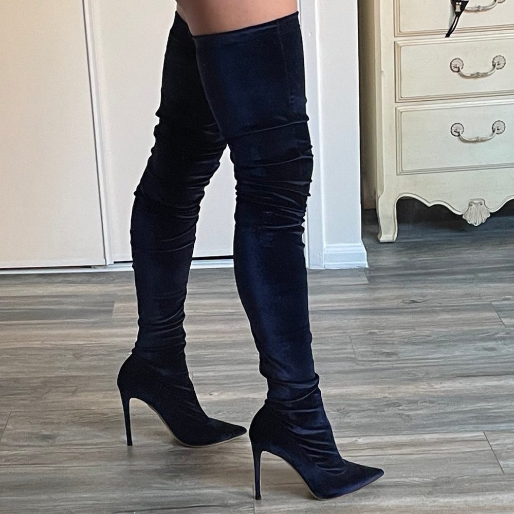 Tamara Mellon Thigh-High Stiletto Boots - Blue Velvet / Size 40